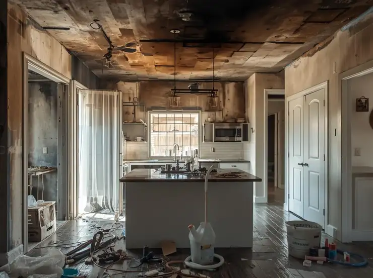A storm-damaged kitchen with a collapsed ceiling and debris on the floor
