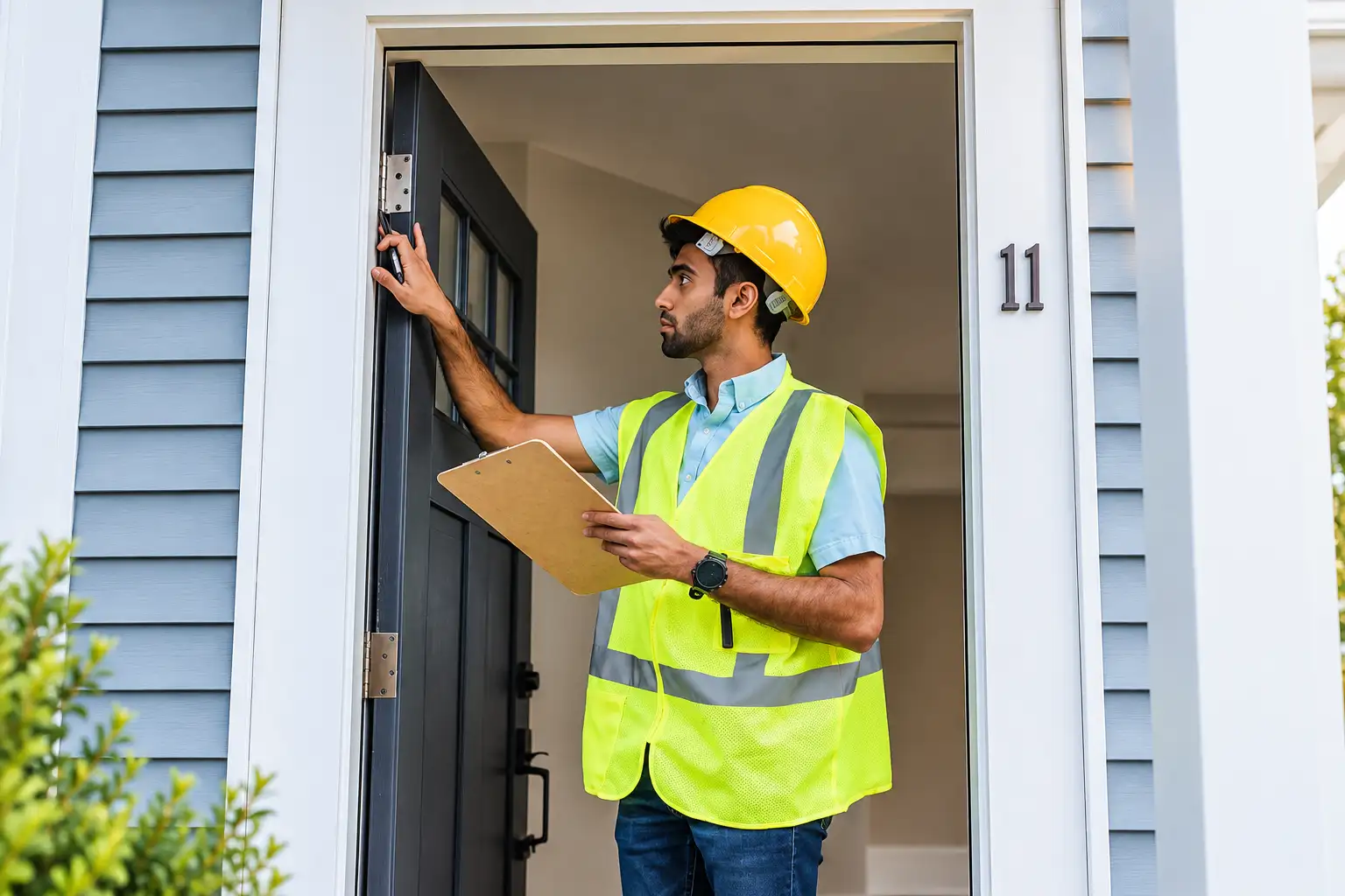 An inspector in a hard hat and safety vest checking a front door with a clipboard