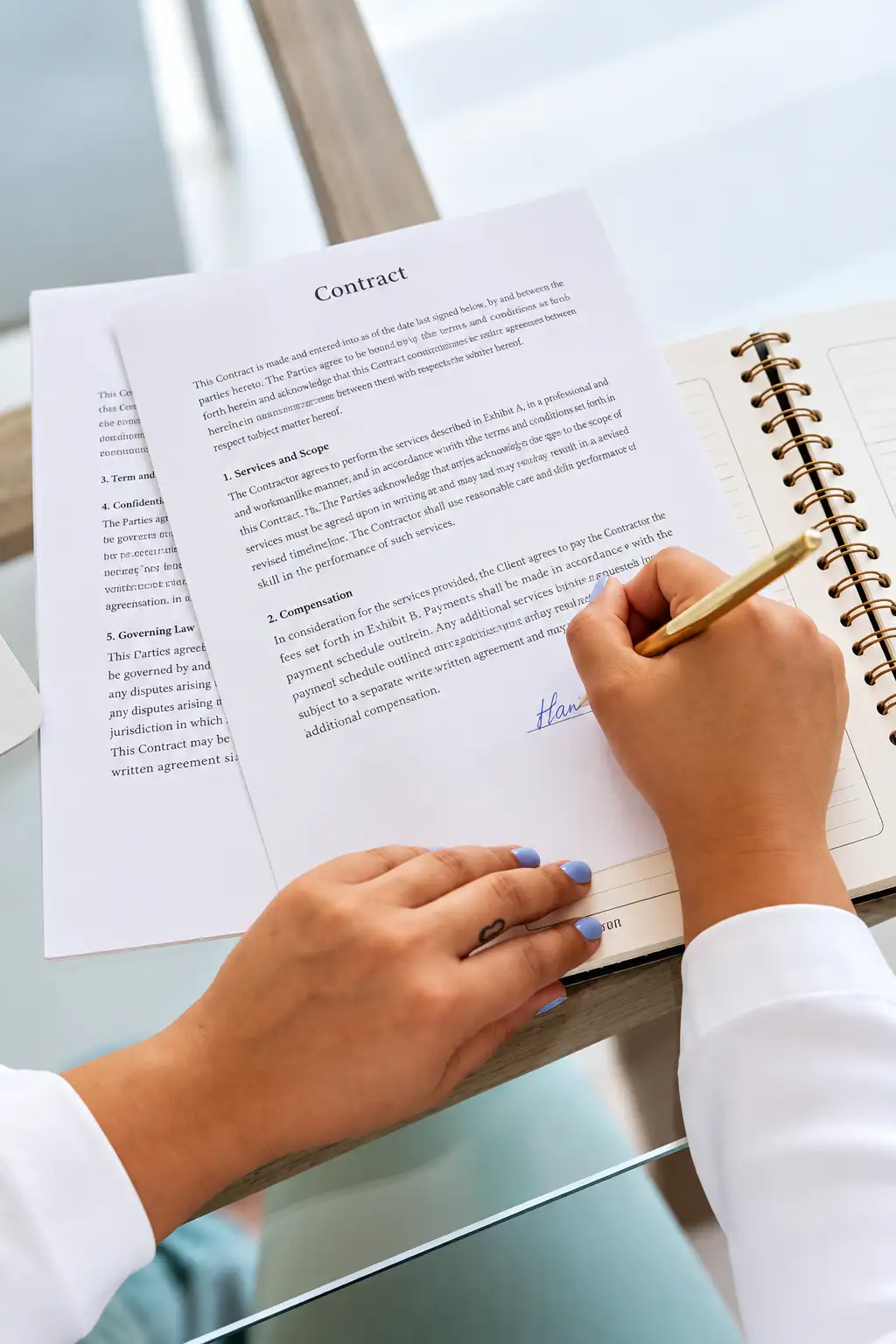 A hand signing a contract with a pen